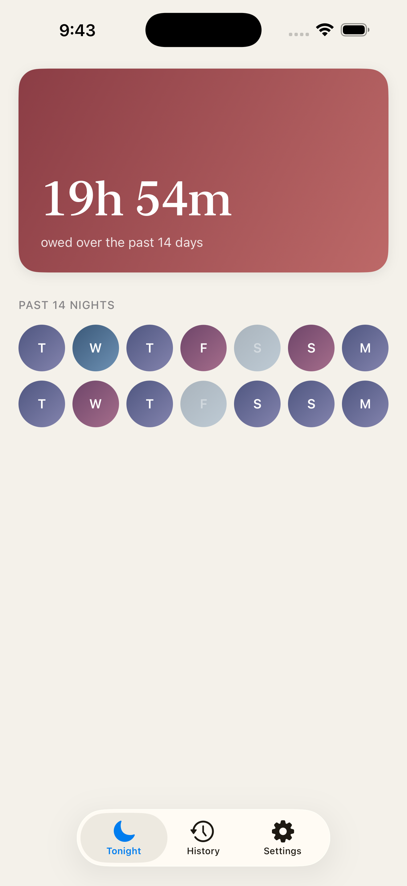 Tonight in Eclipsed: 19h 54m owed over the past 14 days, with a strip of the past 14 nights below.